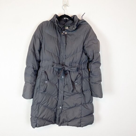 J. Crew Womens Gray Down Puffer Coat With Hood & Waist Tie M Long‎ Line Winter - Picture 1 of 7